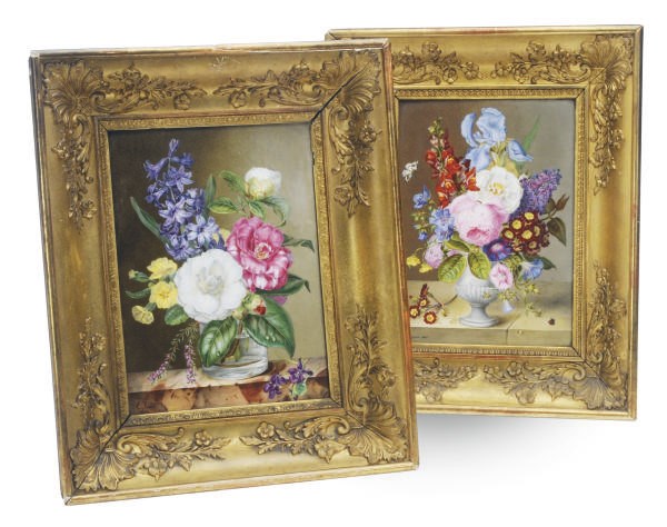 TWO FRENCH PORCELAIN PAINTED PLAQUES OF FLORAL BOUQUETS,
