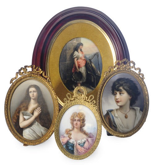 A GROUP OF THREE MINIATURE PORCELAIN PLAQUES AND AN IVORY PLAQUE,**