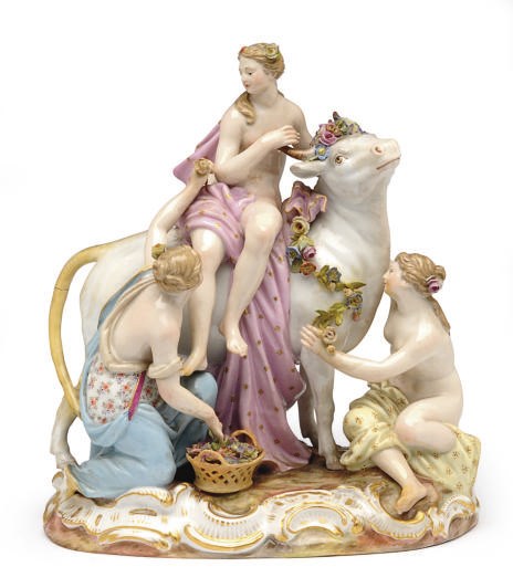 A GERMAN PORCELAIN FIGURE GROUP OF EUROPA AND THE BULL,