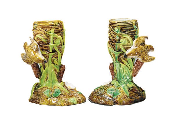 A PAIR OF ENGLISH MAJOLICA 'WREN HOLDERS'
