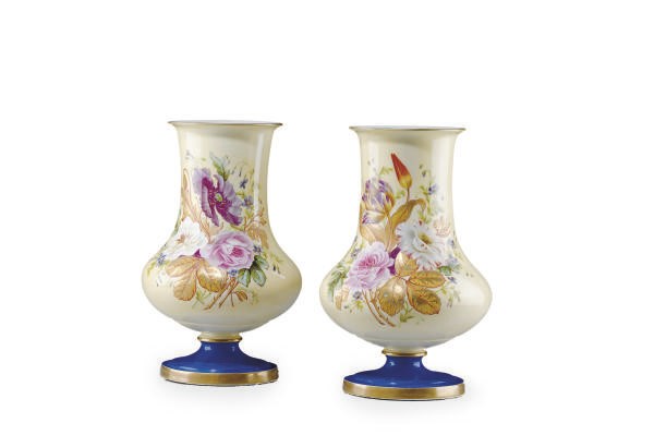 A PAIR OF FRENCH IVORY AND BLUE GROUND PORCELAIN VASES,