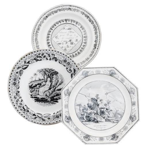 A GROUP OF THIRTY-SEVEN FRENCH CREAMWARE BLACK TRANSFER-PRINTED PLATES,