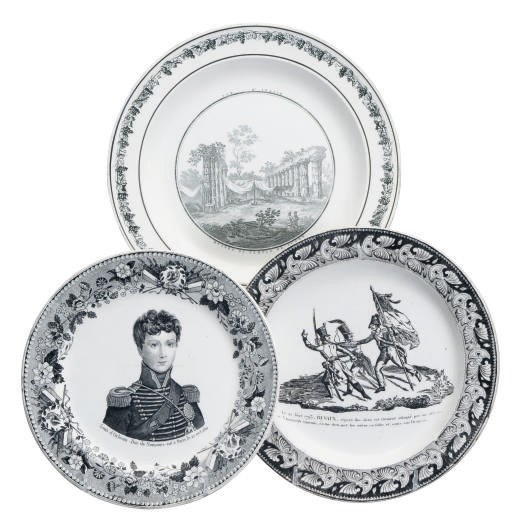 A GROUP OF FORTY-FIVE FRENCH PRINTED CREAMWARE BLACK TRANSFER-PRINTED PLATES,