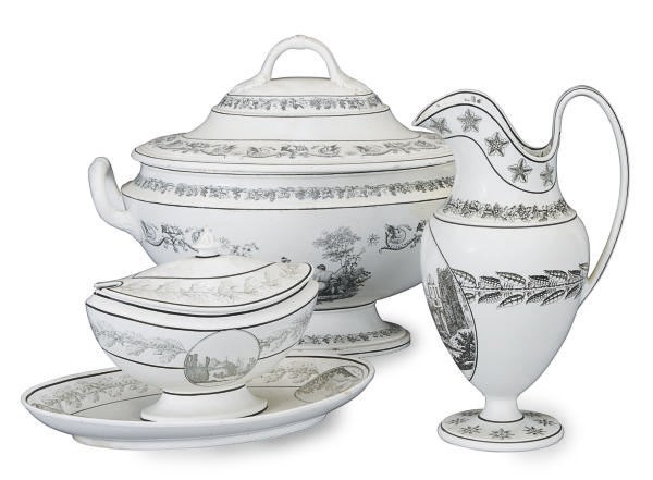 A GROUP OF FRENCH CREAMWARE BLACK TRANSFER-PRINTED SERVING PIECES,