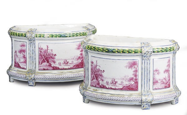 A PAIR OF FRENCH FAIENCE DEMILUNE BOUGH POTS,
