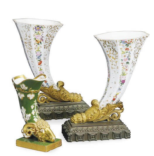 A PAIR OF PARCEL GILT-BRONZE MOUNTED PARIS PORCELAIN CORNUCOPIA VASES AND AN ENGLISH GREEN-GROUND RHYTON VASE,