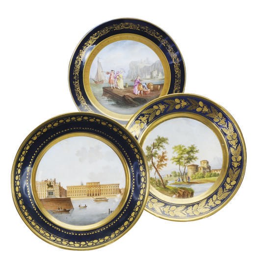 THREE FRENCH PORCELAIN BLUE-GROUND LANDSCAPE-DECORATED PLATES AND AN OUTSIDE DECORATED BLUE-GROUND SOUP PLATE,