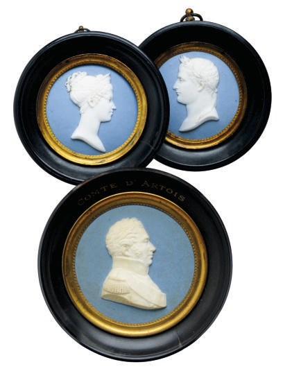 A FRENCH BISCUIT PORCELAIN PORTRAIT MEDALLION OF THE COMTE D'ARTOIS AND A PAIR OF PARIS BISCUIT PORTRAIT MEDALLIONS OF EMPEROR NAPOLEON IERE AND EMPRESS MARIE-LOUISE,