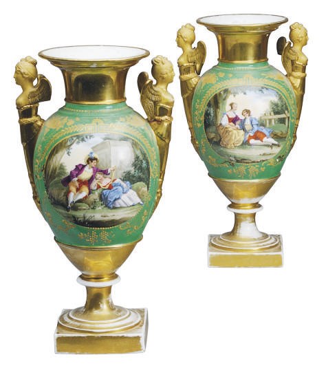 A PAIR OF PARIS PORCELAIN GREEN AND GOLD-GROUND BALUSTER VASES WITH GILT HERM-FORM HANDLES,