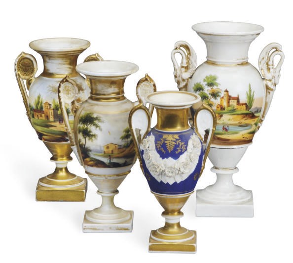 A GROUP OF FOUR PARIS PORCELAIN BALUSTER VASES,