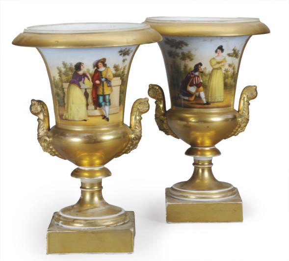 A PAIR OF CONTINENTAL PORCELAIN GILT GROUND CRATER-FORM VASES,