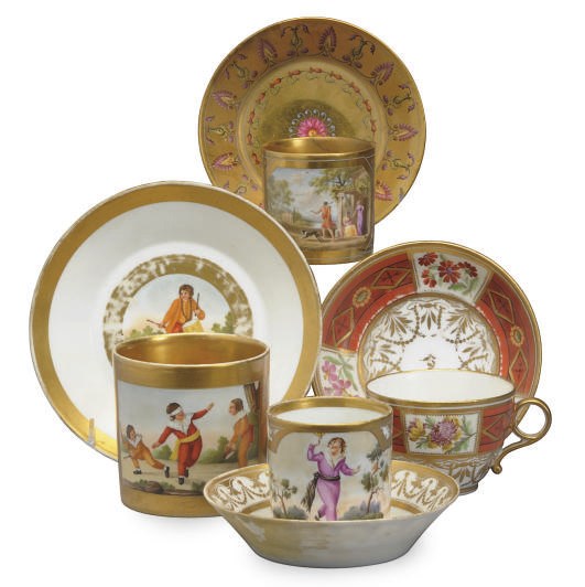 THREE FRENCH COFFEE CANS AND SAUCERS AND A TEACUP AND SAUCER,