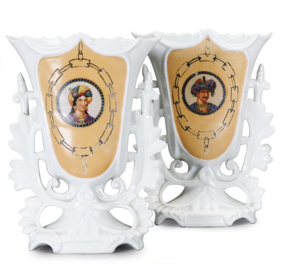 A PAIR OF CONTINENTAL PORCELAIN FLARING VASES PRINTED WITH PORTRAIT MEDALLIONS OF A SULTAN AND SULTANA,