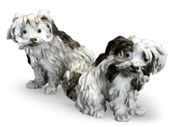 A PAIR OF MEISSEN-STYLE PORCELAIN MODELS OF BOLOGNESE HOUNDS,