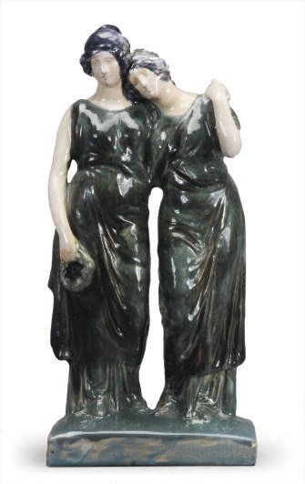 A FRENCH GLAZED EARTHENWARE FIGURE GROUP OF TWO MAIDENS,