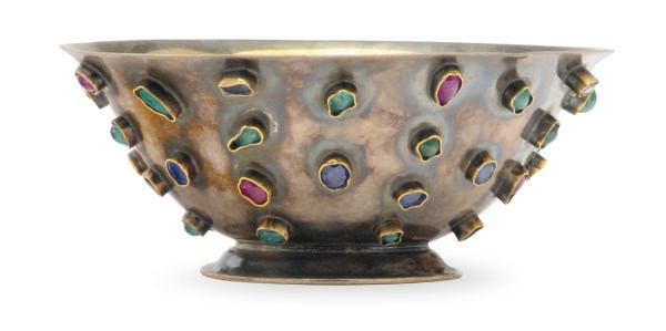 AN AMERICAN SILVER BOWL INSET WITH RUBIES, SAPPHIRES, AND EMERALDS,
