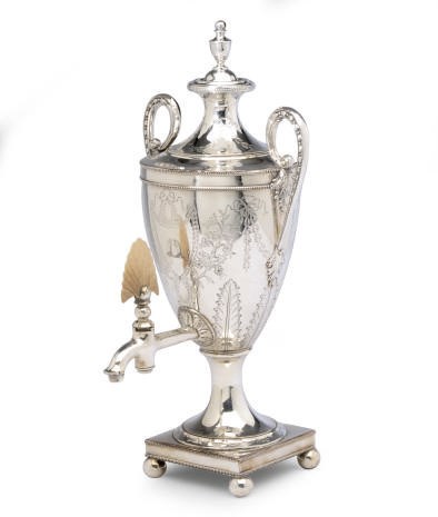 A CONTINENTAL SILVER-PLATED HOT WATER URN AND COVER,**