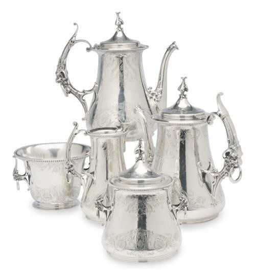AN AMERICAN SILVER FIVE PIECE TEA AND COFFEE SERVICE,**