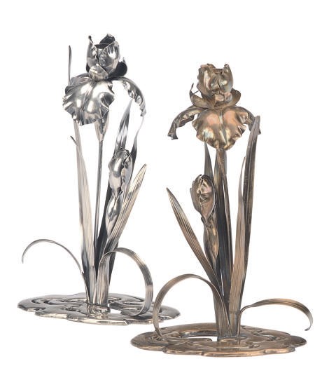 A PAIR OF JAPANESE SILVER IRIS-FORM CANDLESTICKS,