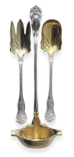 A PAIR OF AMERICAN SILVER-GILT SALAD SERVERS AND A LADLE,