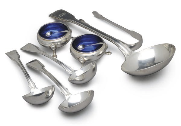A GEORGIAN SILVER SOUP LADLE, THREE SAUCE LADLES, A SET OF TONGS, AND TWO SALT CELLARS WITH GLASS LINERS,