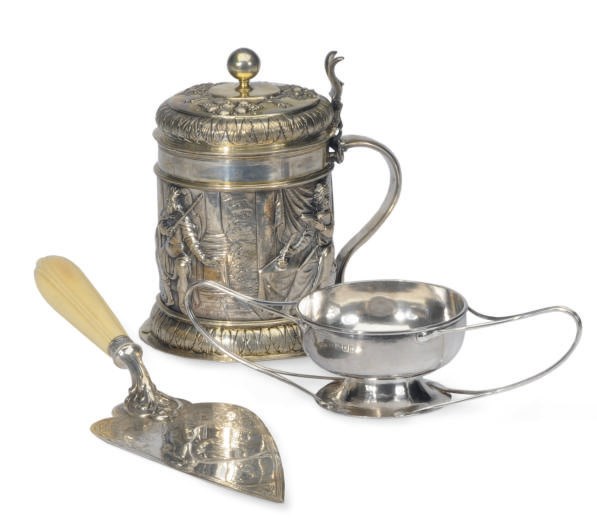 A VICTORIAN SILVER PASTRY TROWEL WITH IVORY HANDLE AND AN EDWARD VII TWO-HANDLED CUP,**