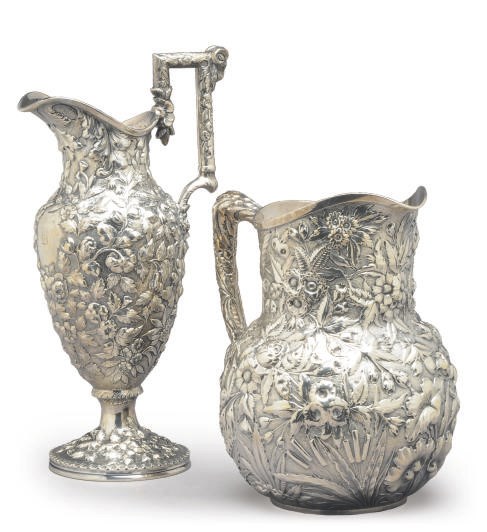 AN AMERICAN SILVER REPOSSE WATER PITCHER AND EWER,