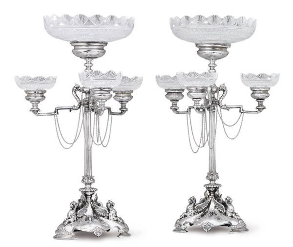A PAIR OF VICTORIAN SILVER-PLATED AND CUT-GLASS DESSERT STANDS,