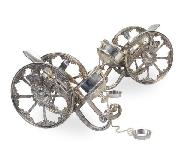 A PAIR OF CONTINENTAL SILVER-PLATED BOTTLE WAGONS,
