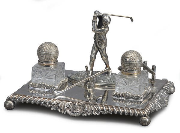 AN ENGLISH SILVER-PLATED GOLF-THEMED INKSTAND,