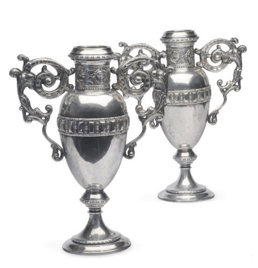 A PAIR OF SILVER-PLATED VASES WITH SCROLL HANDLES,