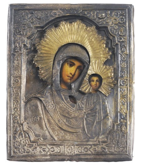A METAL-MOUNTED MOTHER OF GOD AND CHRIST CHILD ICON,