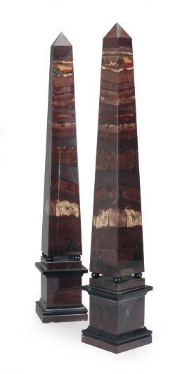A PAIR OF MOTTLED-RED HARDSTONE OBELISKS,