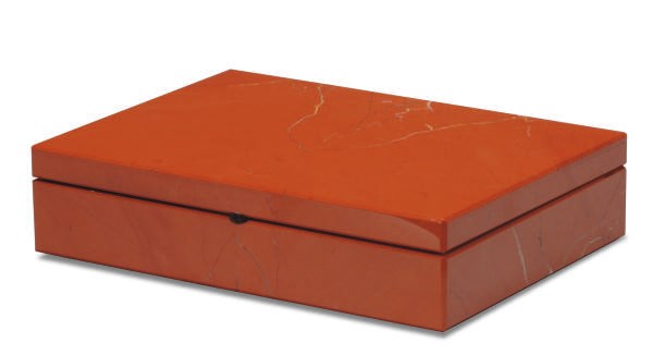 A RED JASPER BOX WITH HINGED COVER,