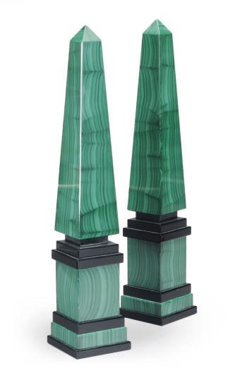 A PAIR OF MALACHITE VENEERED OBELISKS,