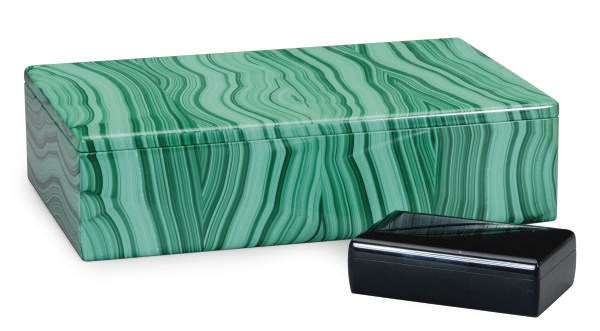 A LARGE MALACHITE VENEERED BOX AND A SMALL BLACK HARDSTONE BOX,