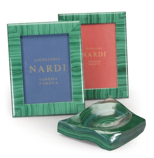 TWO LARGE MALACHITE VENEERED PICTURE FRAMES AND A VIDE POCHE,