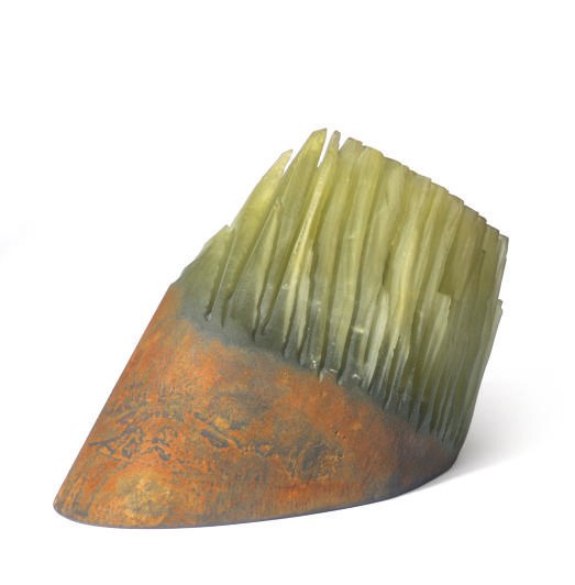 AN AMERICAN CAST GLASS AND IRON OXIDE GLASS SCULPTURE 'ESCALATED REDUCTION',