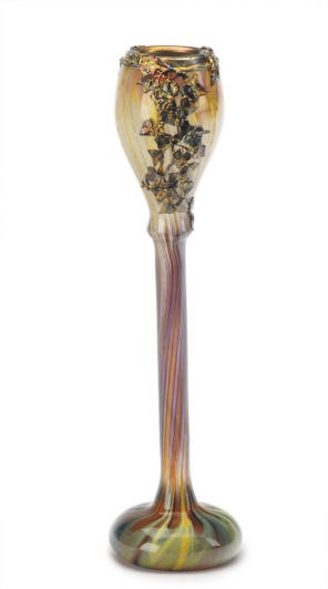 A FRENCH INTERNALLY DECORATED GLASS VASE WITH SILVER OVERLAY,