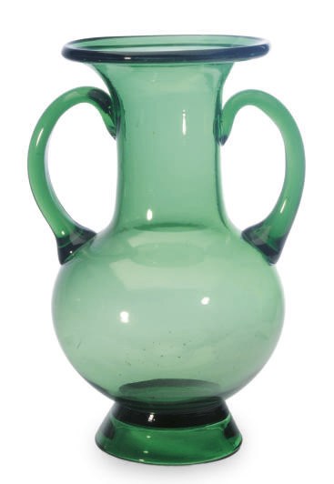 A GREEN GLASS TWO HANDLED VASE