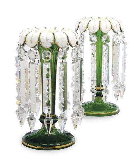 A PAIR OF BOHEMIAN GREEN GLASS TRUMPET-FORM CANDLESTICKS WITH HANGING LUSTERS,