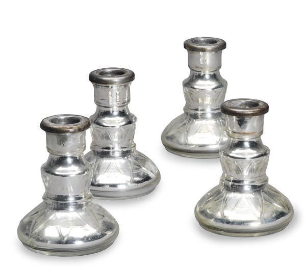 A SET OF FOUR MERCURY GLASS CANDLESTICKS,
