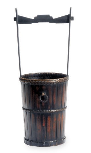 A JAPANESE FLOWER BASKET WITH A BAMBOO LINER,