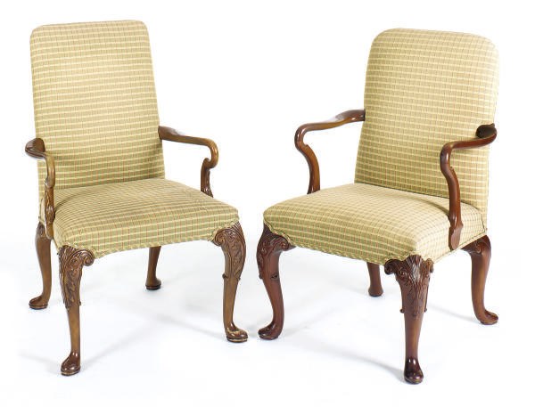 TWO PAIRS OF MAHOGANY AND UPHOLSTERED OPEN ARMCHAIRS,