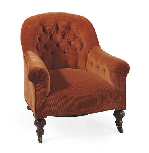 A VICTORIAN WALNUT AND UPHOLSTERED ARMCHAIR,