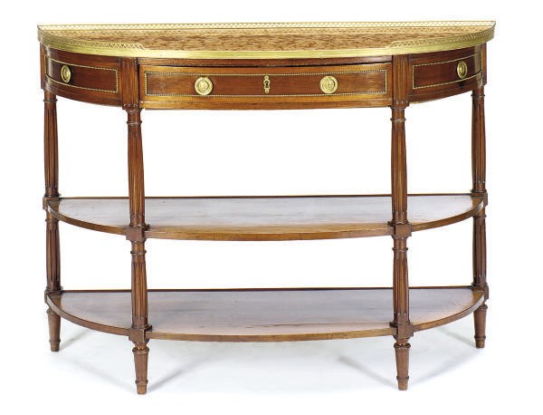 A FRENCH GILT-METAL MOUNTED MAHOGANY AND MARBLE-TOP CONSOLE DESSERTE,