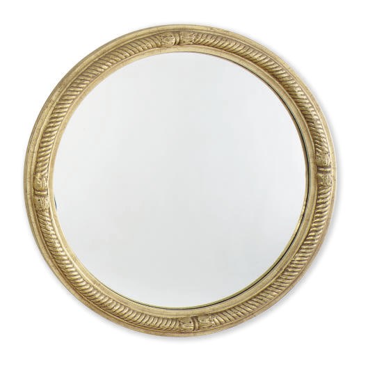 A PAIR OF GILTWOOD CIRCULAR CONVEX WALL MIRRORS,