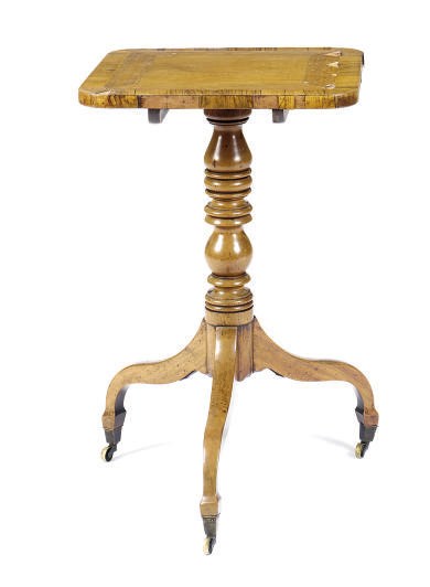 A REGENCY WALNUT, ASH AND ROSEWOOD-BANDED TILT-TOP CANDLESTAND**,