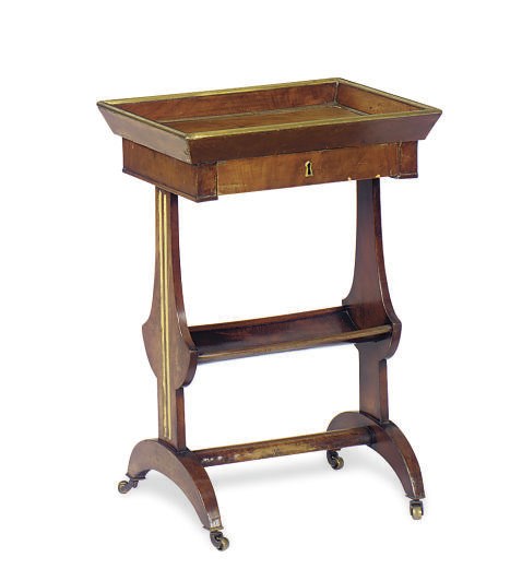 A FRENCH BRASS-BOUND MAHOGANY TRAY TABLE,