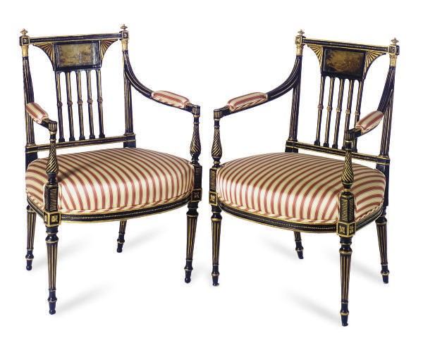 A PAIR OF REGENCY EBONIZED, PARCEL-GILT AND PAINTED OPEN ARMCHAIRS,